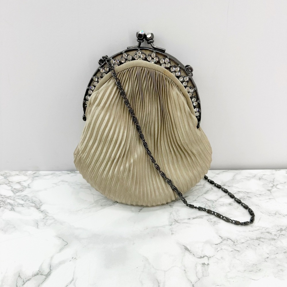 Kate Landry Pleated Satin Rhinestone Evening Clutch Bag Gold‎ Womens OS Party